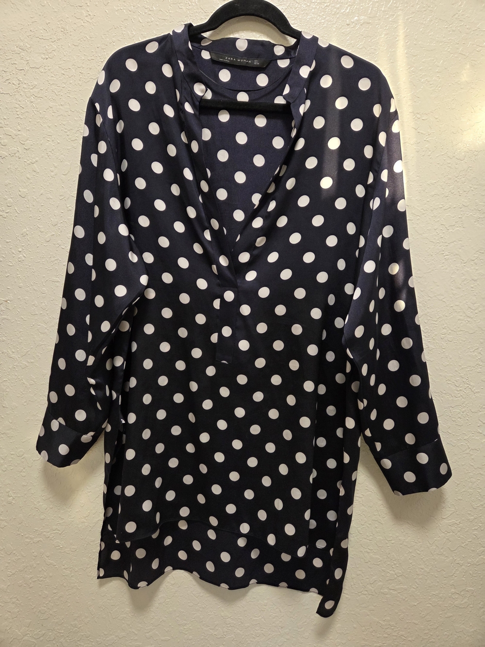 Zara Woman Polka Dot V-Neck Tunic Top - Navy and White - Picture 2 of 5